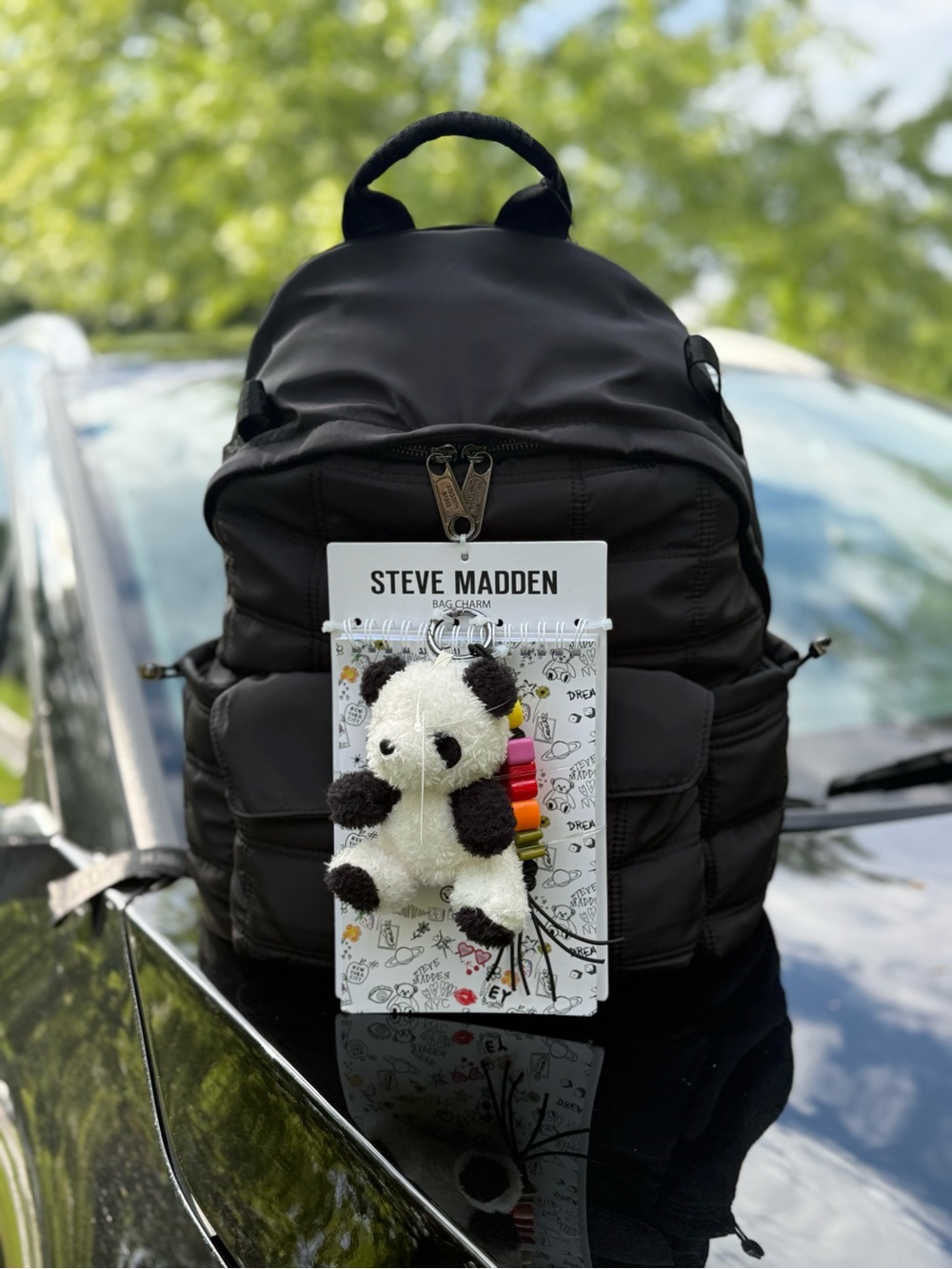 Steve Madden Black Quilted Mini Backpack with Panda Charm